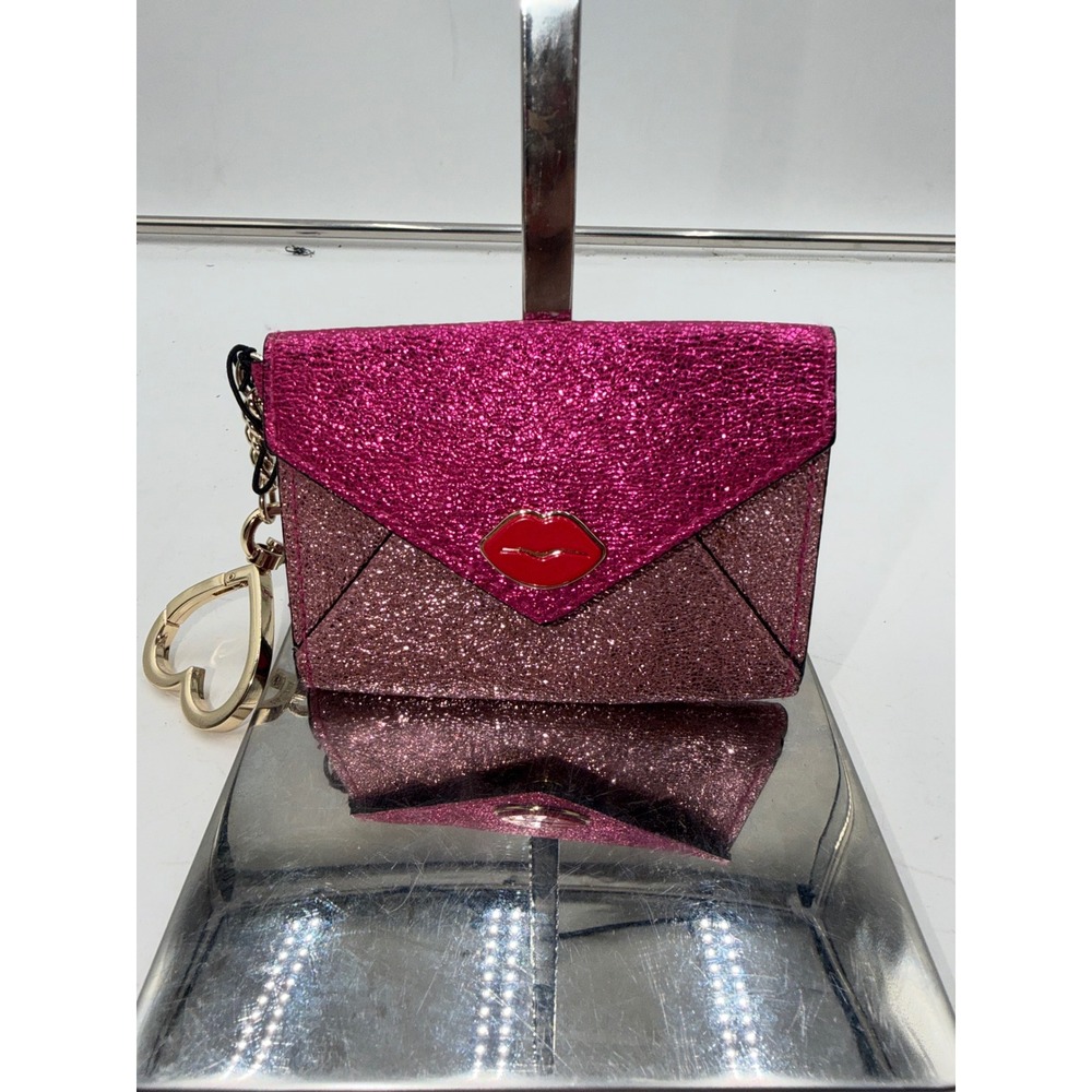 Victorias Secret Pink Glitter Envelope Card Case Red Lips Keychain Wallet